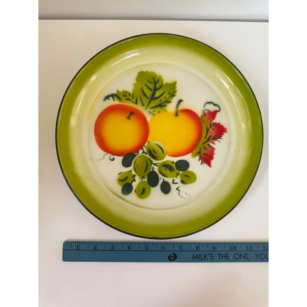 Vintage Enamelware Metal Plates Set 2 Barbecue BBQ Fruit MCM 12 Inch